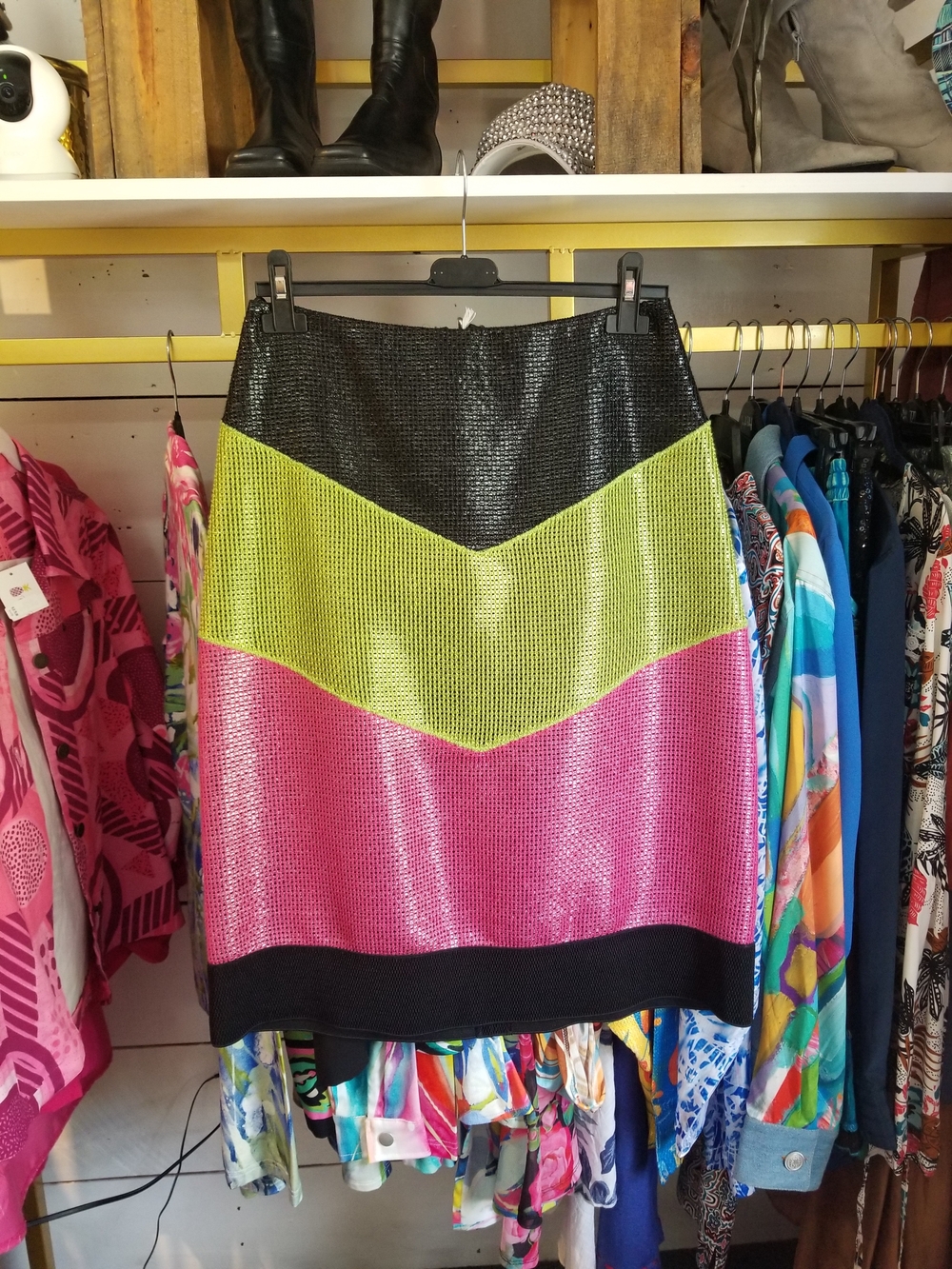 Carven Black, Lime Green & Pink Metallic Colorblock Pencil Skirt